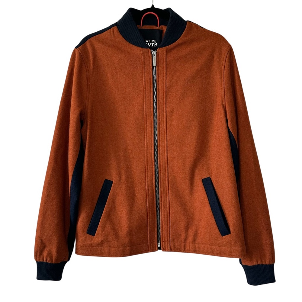 NATIVE YOUTH Men’s Rust and Navy Wool Blend Zip-Up Bomber Jacket- Small
